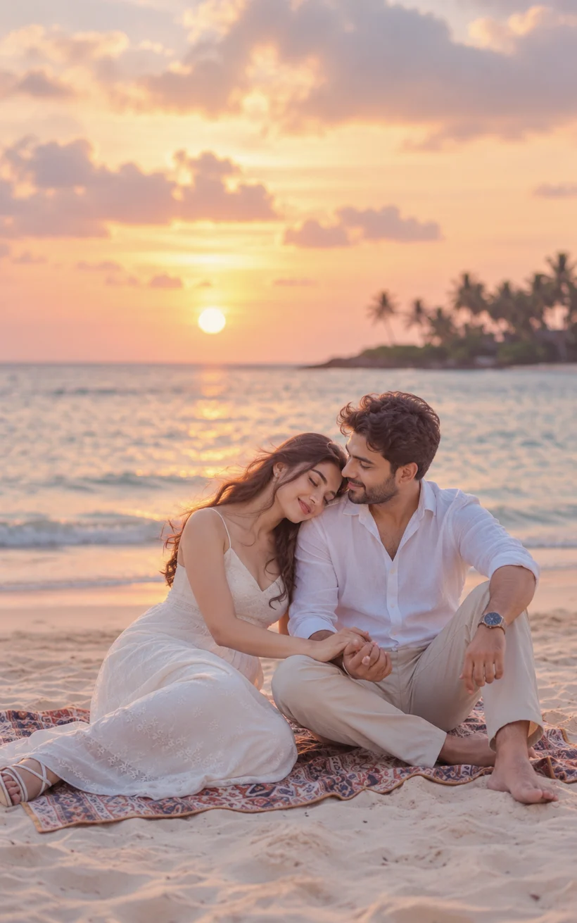 Reyansh and Siya sitting together on a beach at sunset
