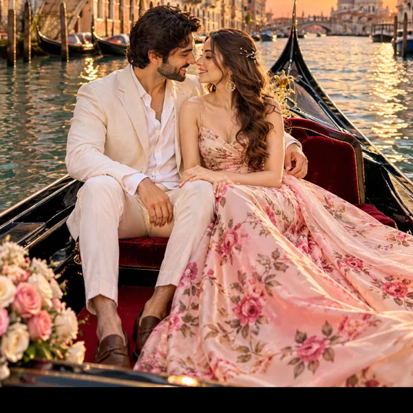 Reyansh and Siya in a gondola in Venice