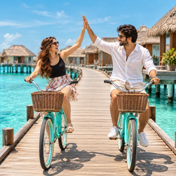 Reyansh and Siya high-fiving on bicycles