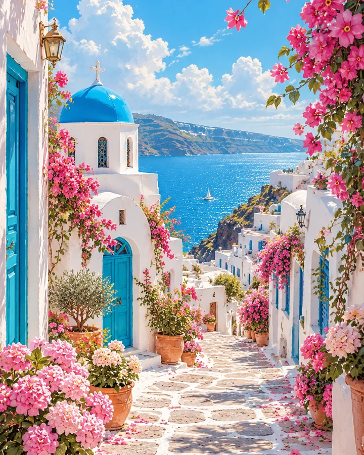 Whitewashed houses, a blue dome and the sea at the venue